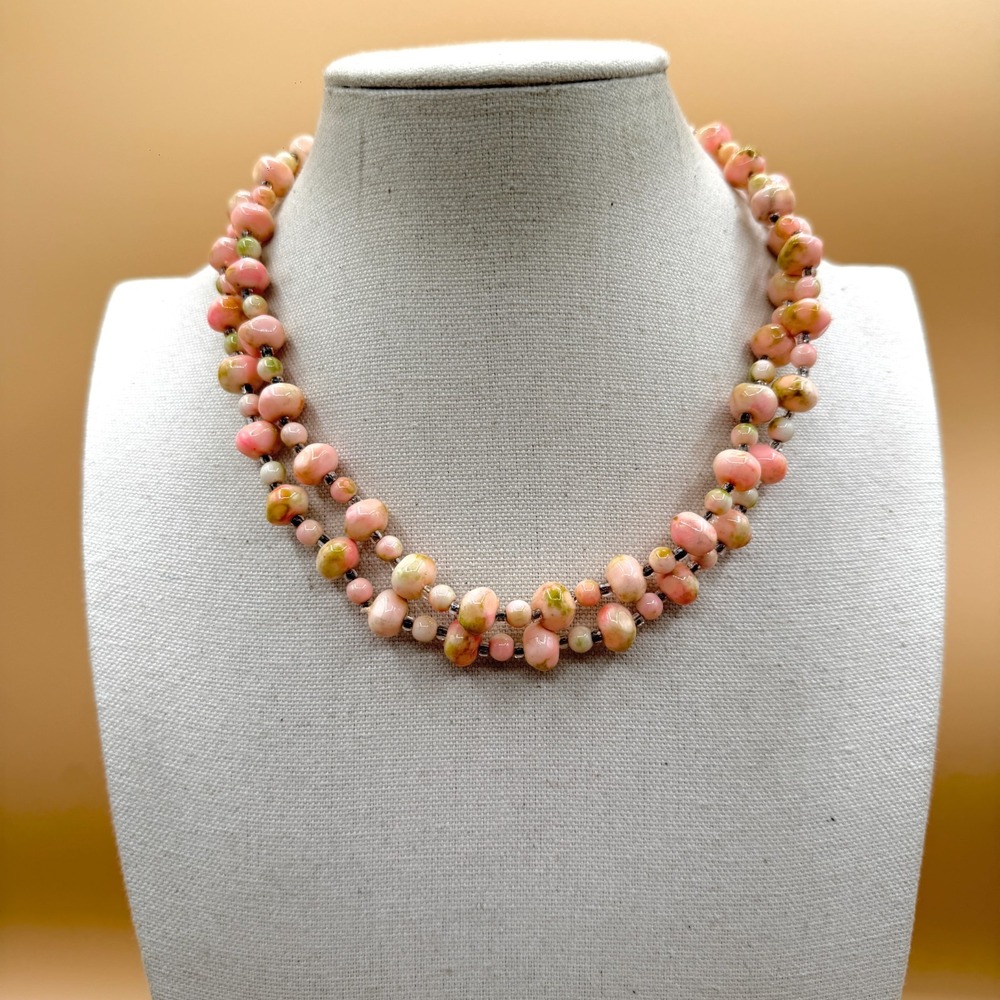 Pink Green Ceramic Bead Double Strand Necklace Cottagecore Boho Statement Gift